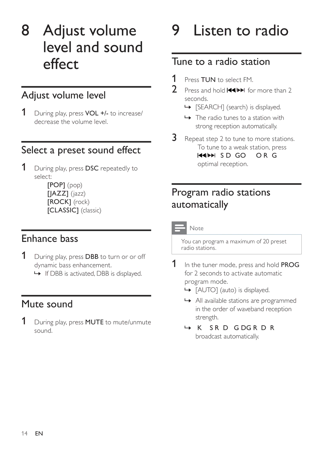 Philips DCM105 user manual Adjust volume level and sound effect, Listen to radio 