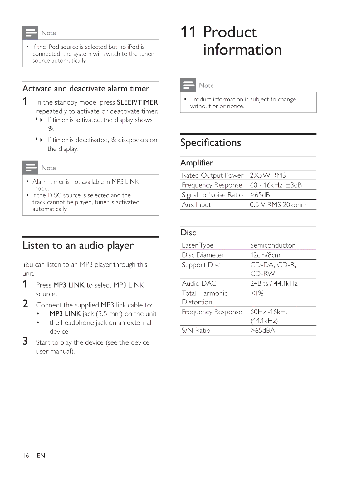 Philips DCM105 user manual Listen to an audio player, Activate and deactivate alarm timer, Disc 