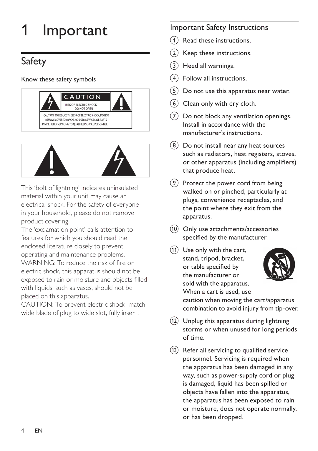 Philips DCM105 user manual Important Safety Instructions, VshflàhgE\WkhPdqxidfwxuhu, Use only with the cart 