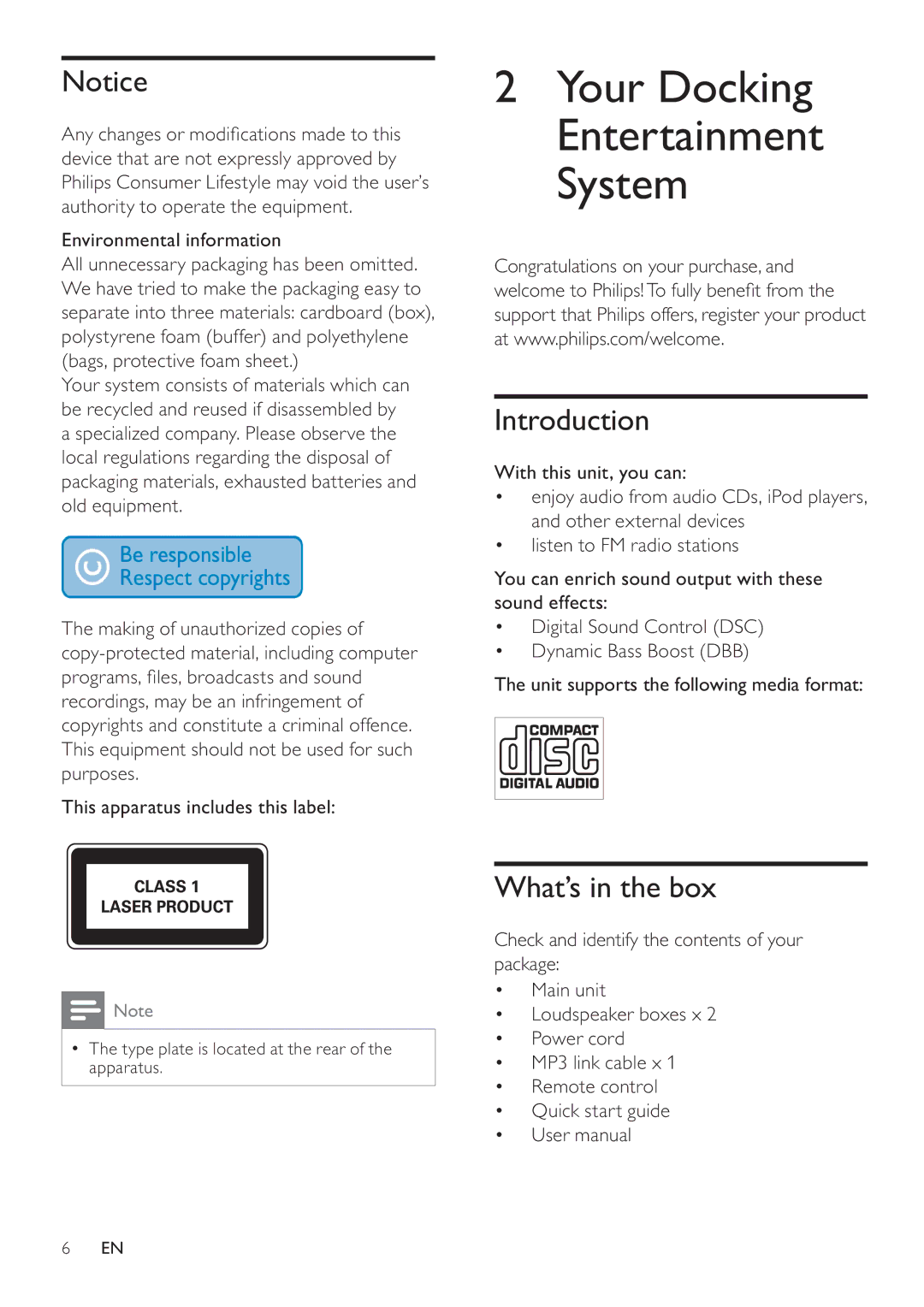 Philips DCM105 user manual Introduction, What’s in the box, Environmental information, This apparatus includes this label 