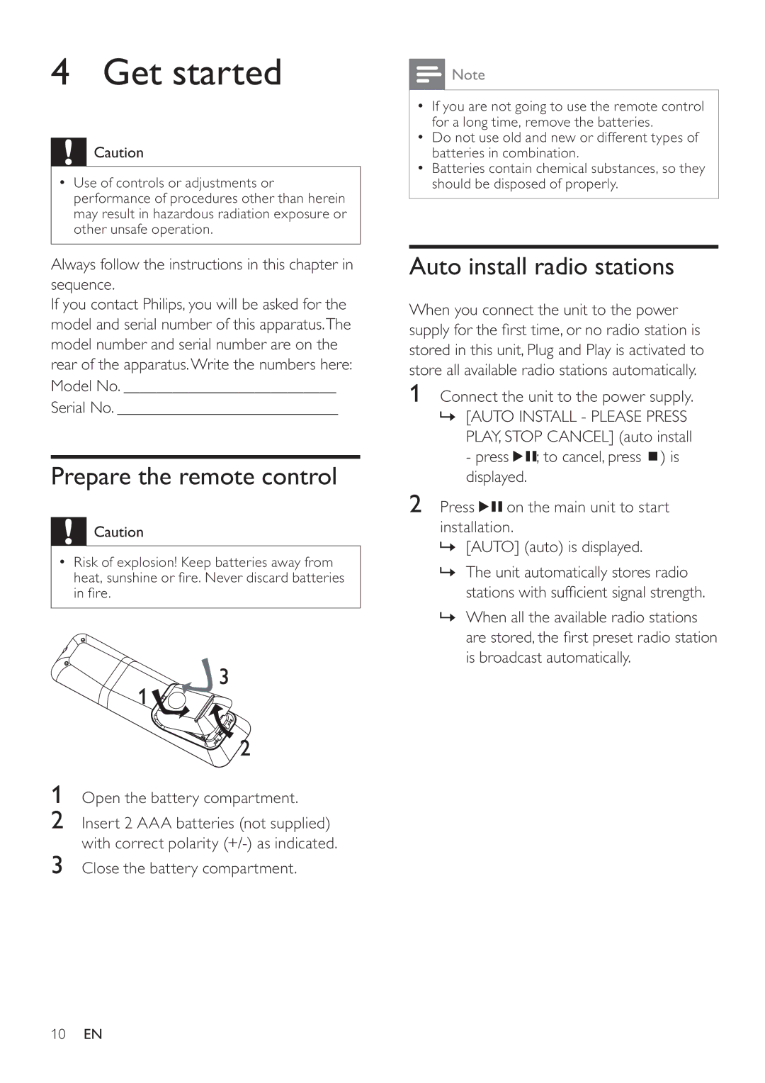 Philips DCM105 user manual Get started, Prepare the remote control, Auto install radio stations 