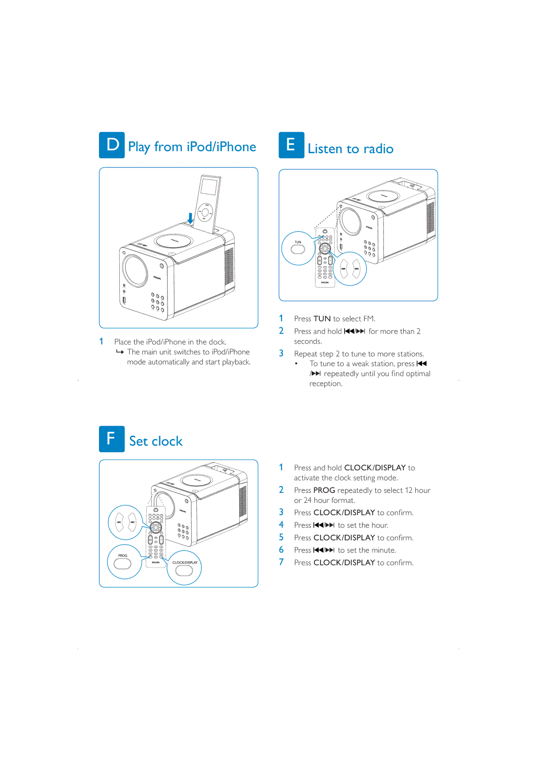 Philips DCM109/37 quick start Play from iPod/iPhone Listen to radio, Set clock 
