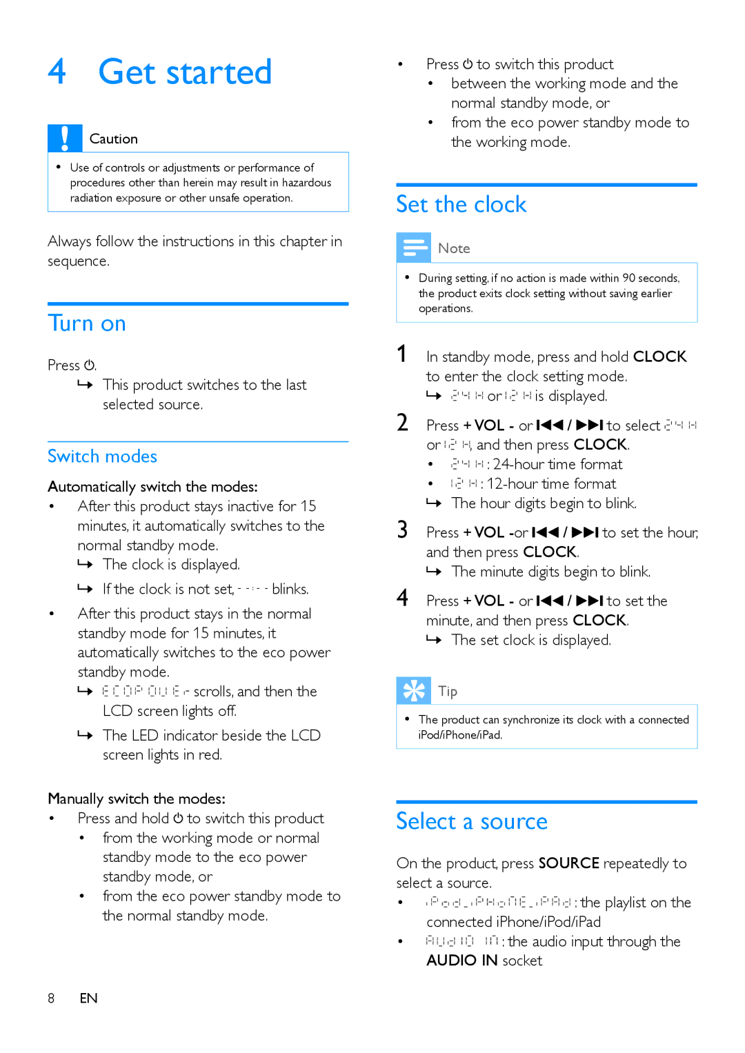 Philips DCM2260 user manual Get started, Turn on, Set the clock, Select a source, Switch modes 