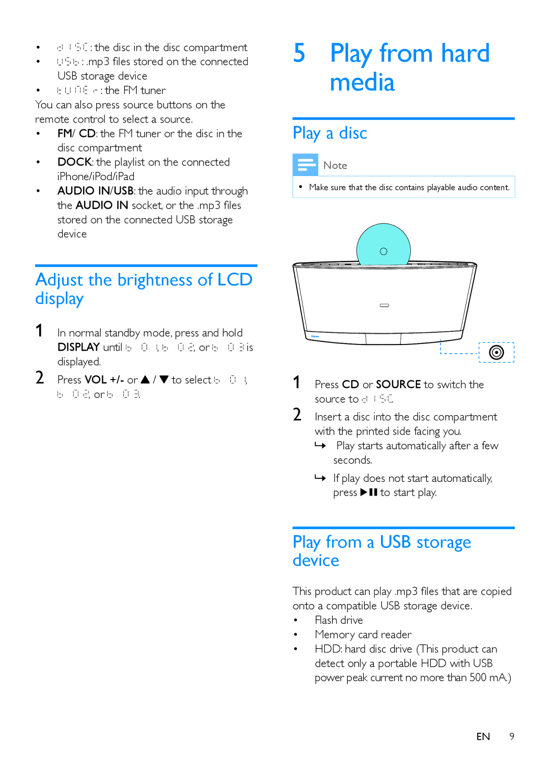 Philips DCM2260 Play from hard media, Play a disc, Adjust the brightness of LCD display, Play from a USB storage device 