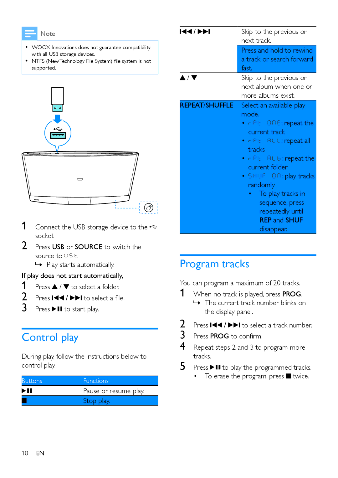 Philips DCM2260 user manual Control play, Program tracks 