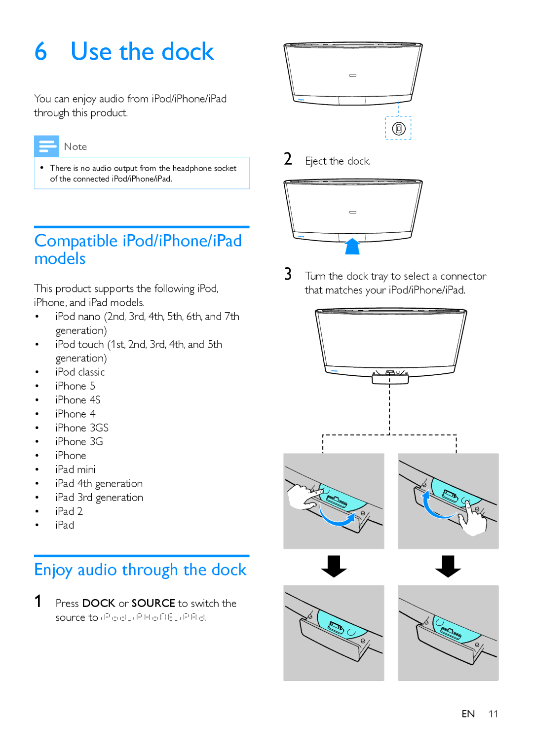 Philips DCM2260 user manual Use the dock, Compatible iPod/iPhone/iPad models, Enjoy audio through the dock 