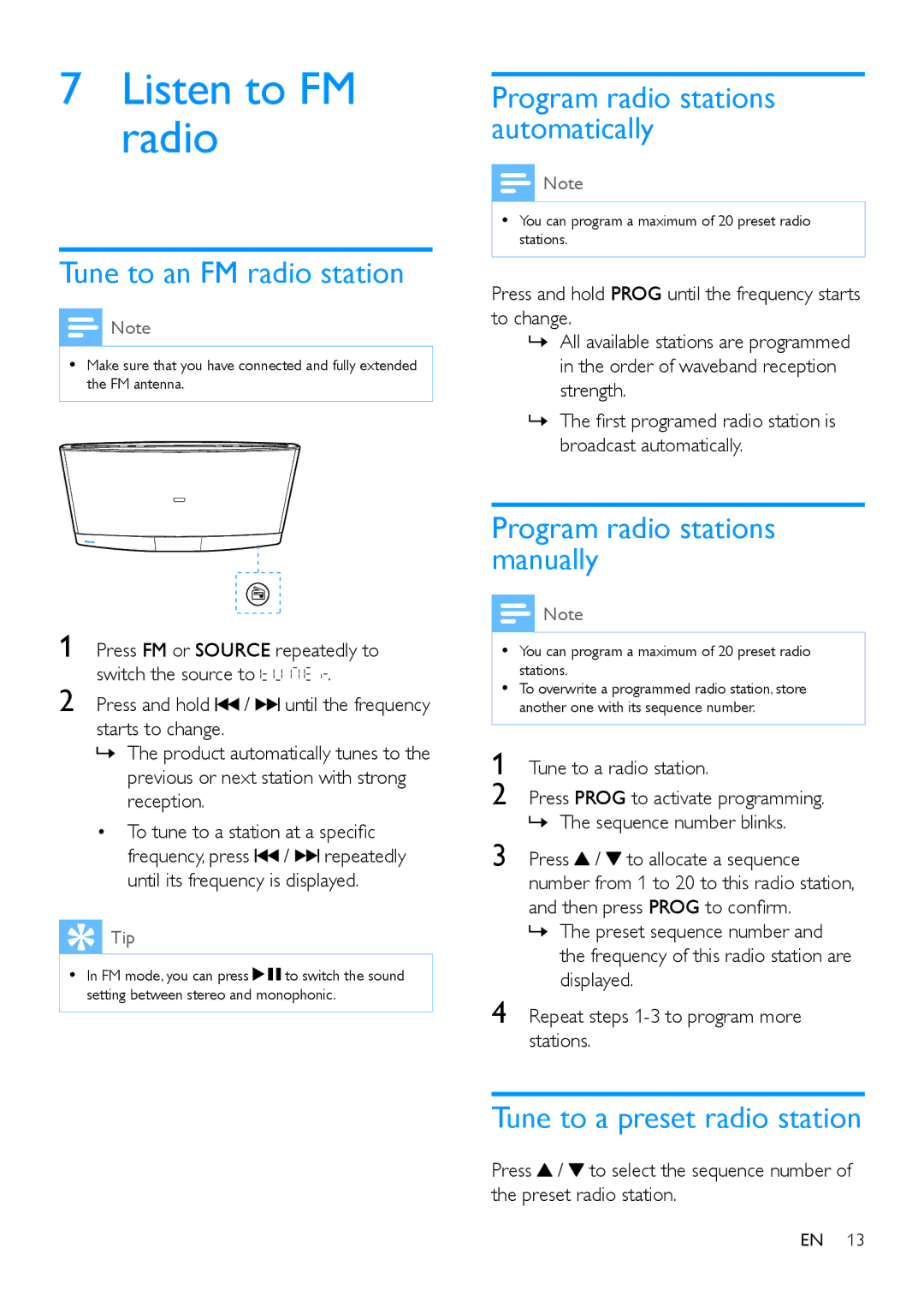 Philips DCM2260 user manual Listen to FM radio, Tune to an FM radio station, Program radio stations manually 