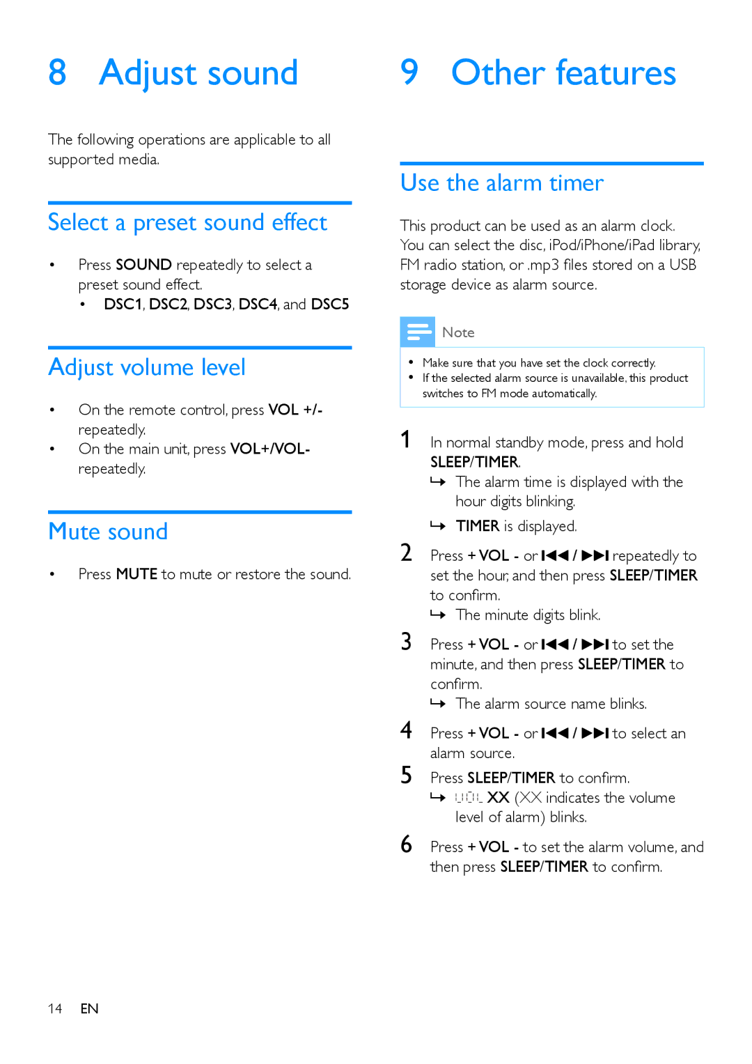 Philips DCM2260 user manual Adjust sound Other features, Select a preset sound effect, Adjust volume level, Mute sound 