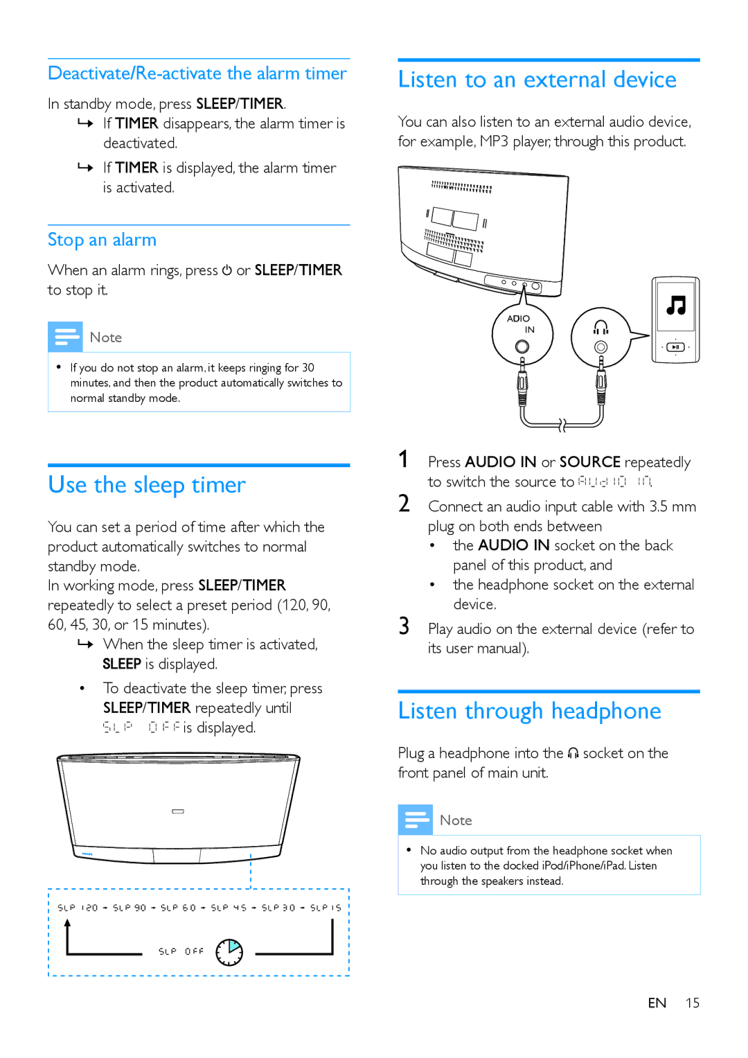 Philips DCM2260 user manual Listen to an external device, Use the sleep timer, Listen through headphone, Stop an alarm 