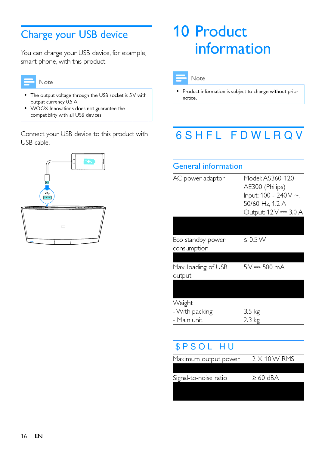 Philips DCM2260 user manual Product information, Charge your USB device, Specifications, General information, Amplifier 