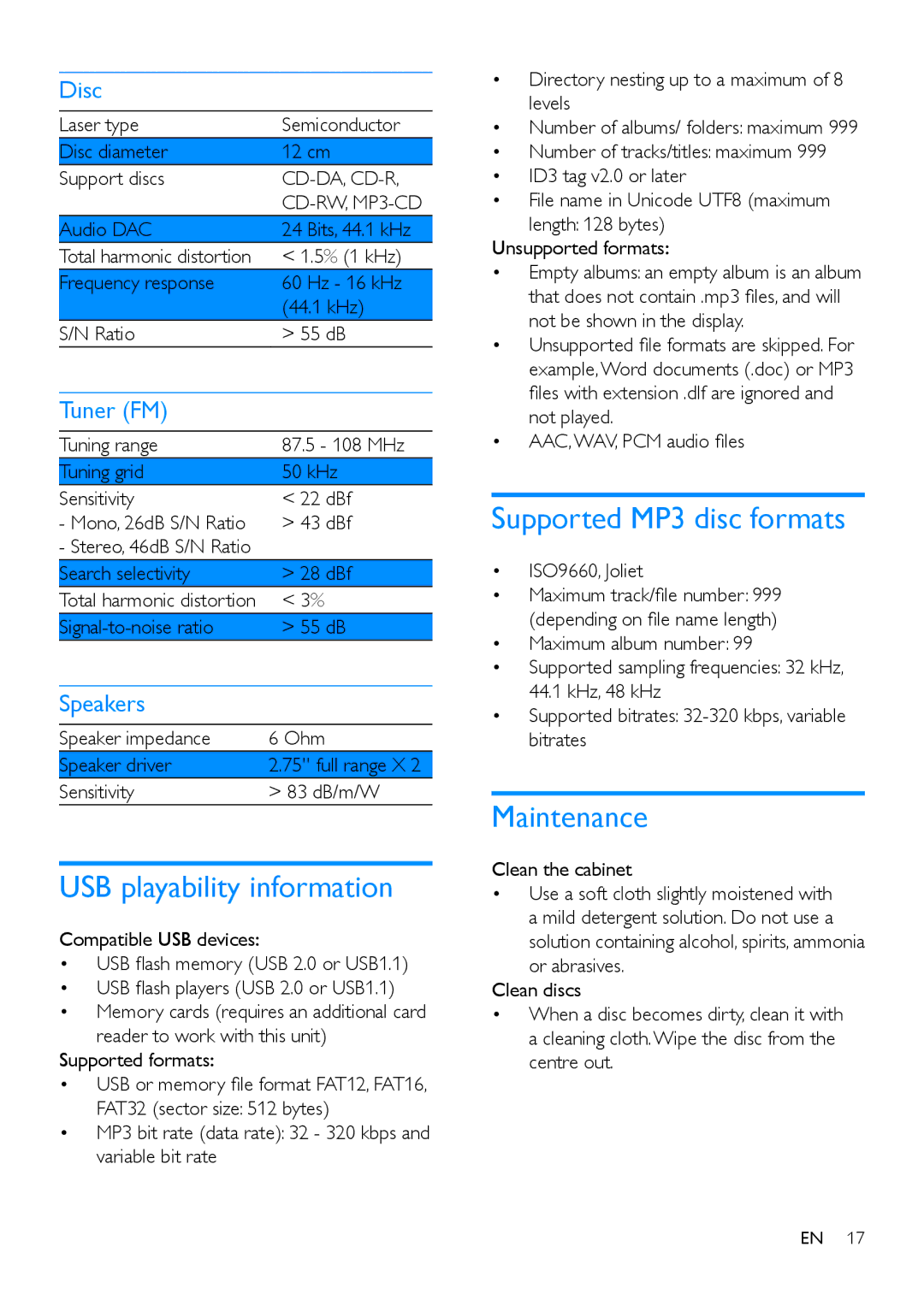 Philips DCM2260 user manual USB playability information, Supported MP3 disc formats, Maintenance 