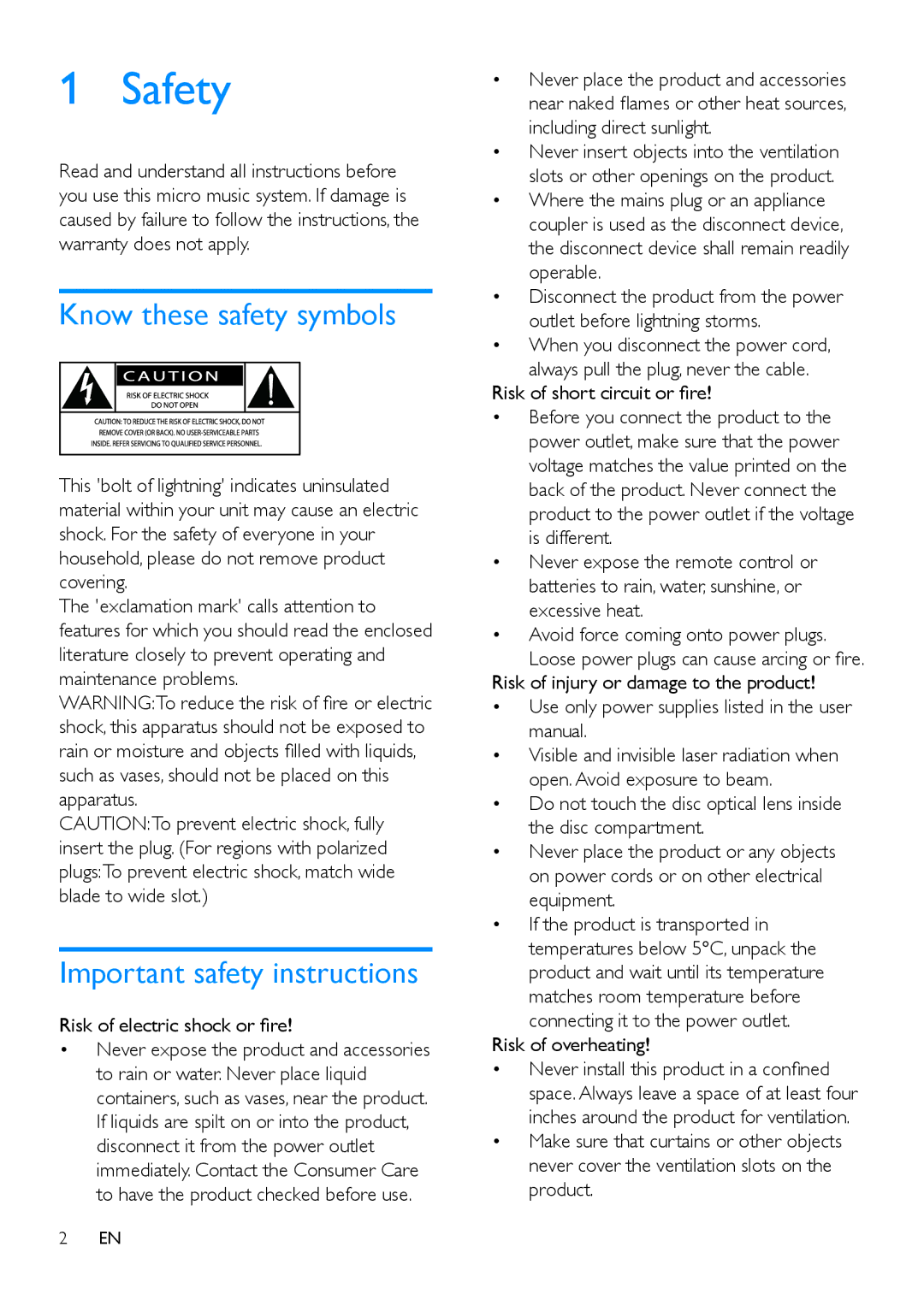 Philips DCM2260 Safety, Know these safety symbols, Important safety instructions, Risk of electric shock or fire 