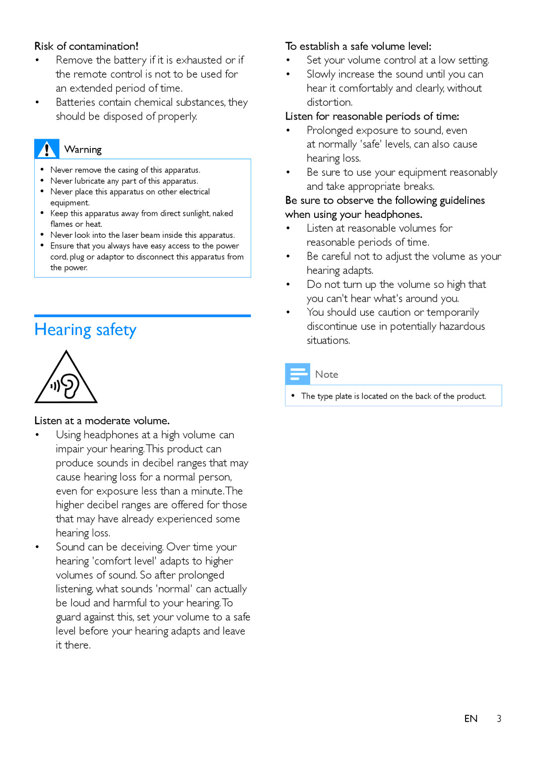 Philips DCM2260 Hearing safety, Listen at a moderate volume, Be careful not to adjust the volume as your hearing adapts 