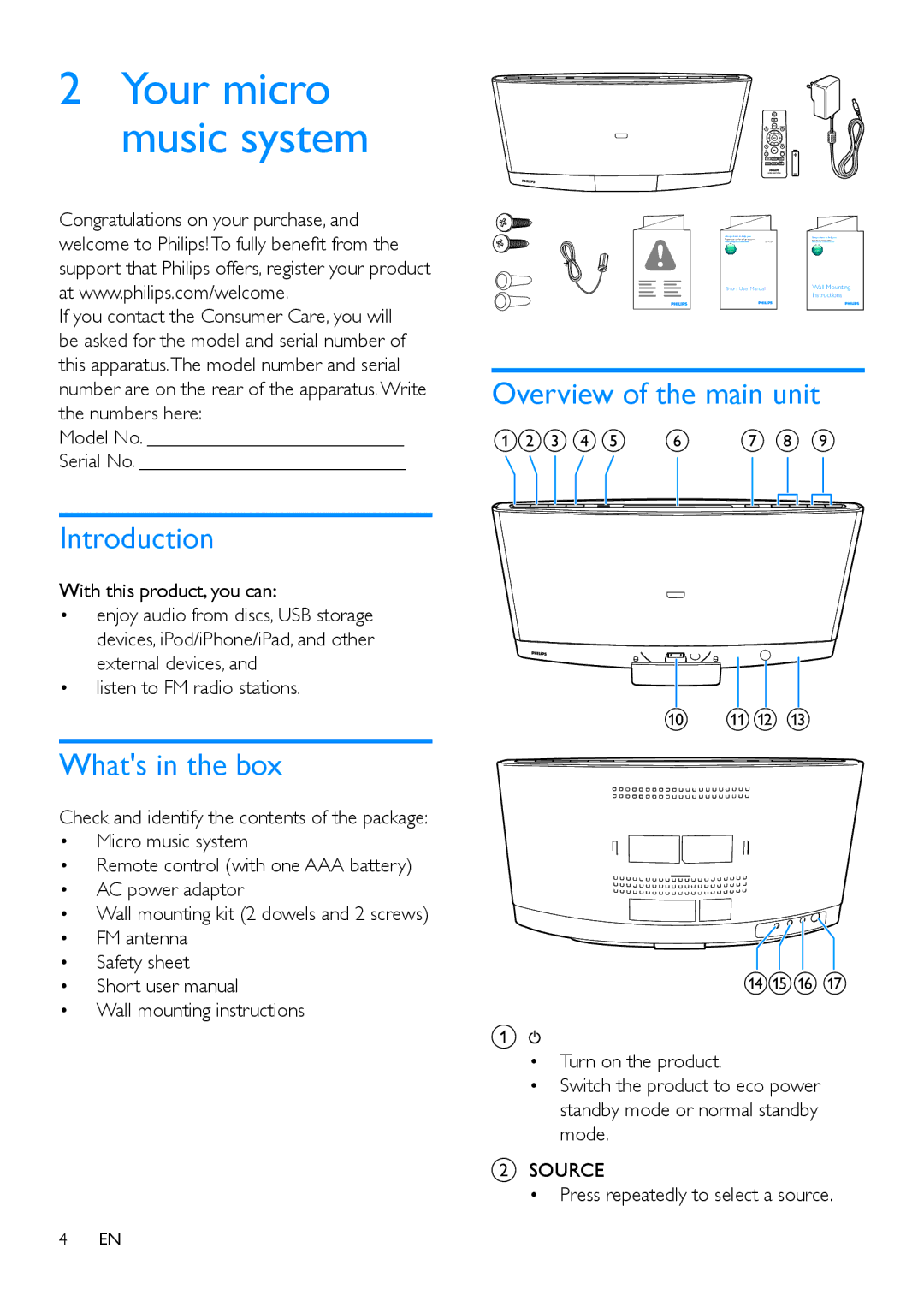 Philips DCM2260 user manual Overview of the main unit, Introduction, Whats in the box, Source 