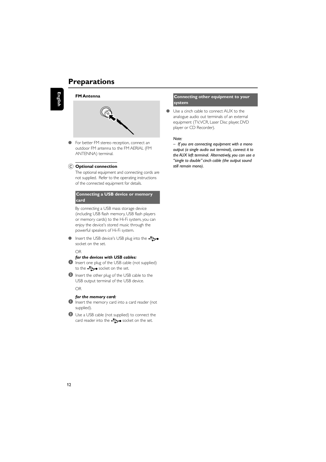 Philips DCM230 quick start FM Antenna, Optional connection, Insert the USB devices USB plug into the socket on the set 