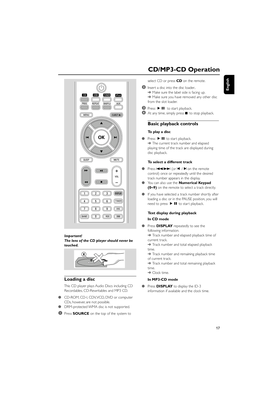 Philips DCM230 quick start CD/MP3-CD Operation, Loading a disc, Basic playback controls 