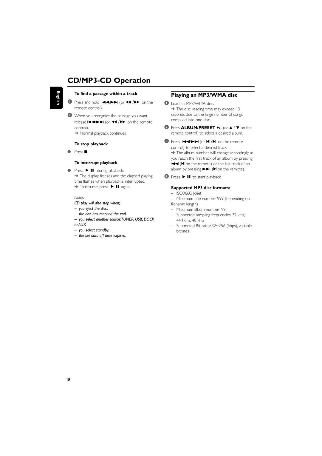 Philips DCM230 Playing an MP3/WMA disc, To find a passage within a track, To stop playback, To interrupt playback 