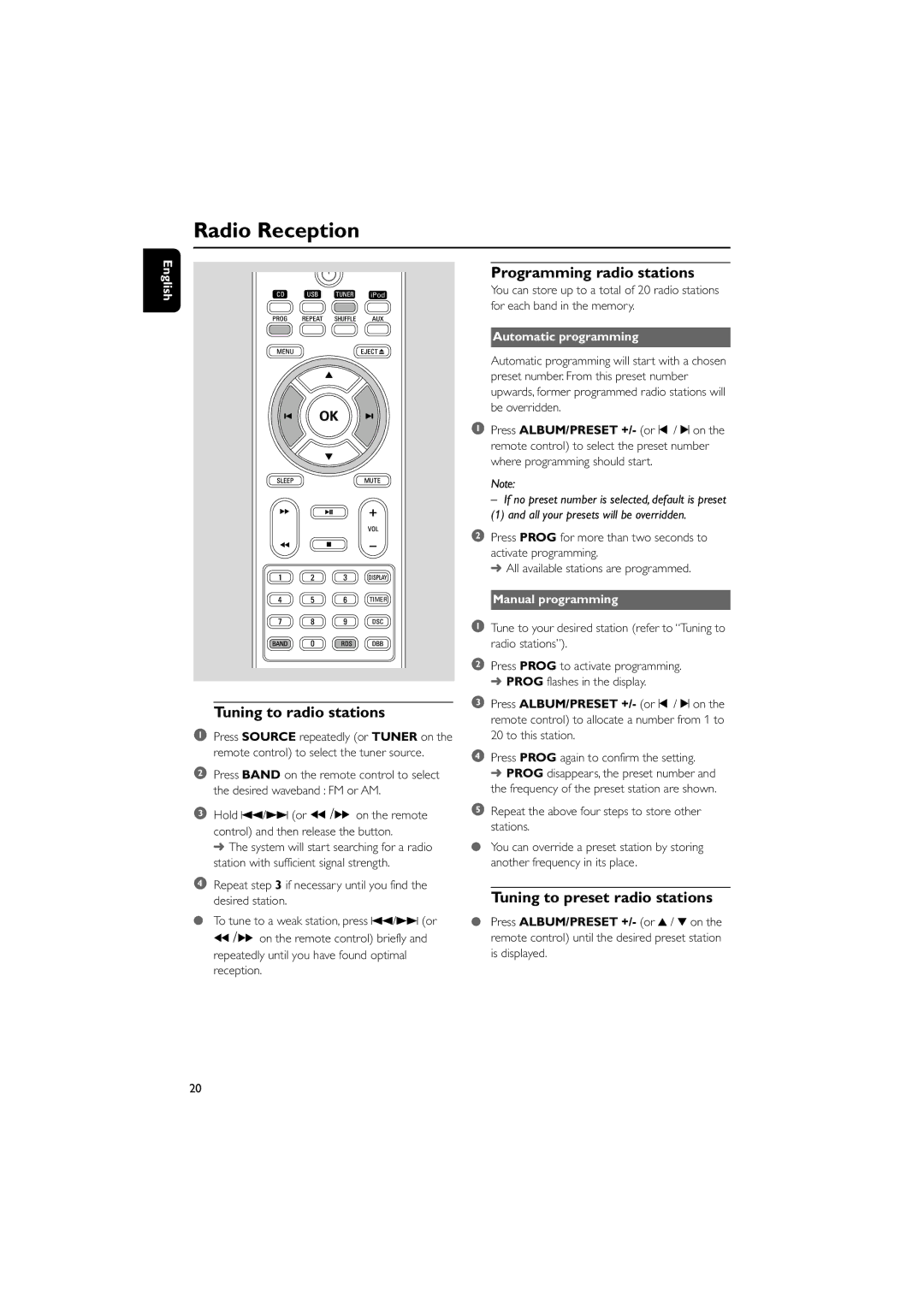 Philips DCM230 Radio Reception, Tuning to radio stations, Programming radio stations, Tuning to preset radio stations 