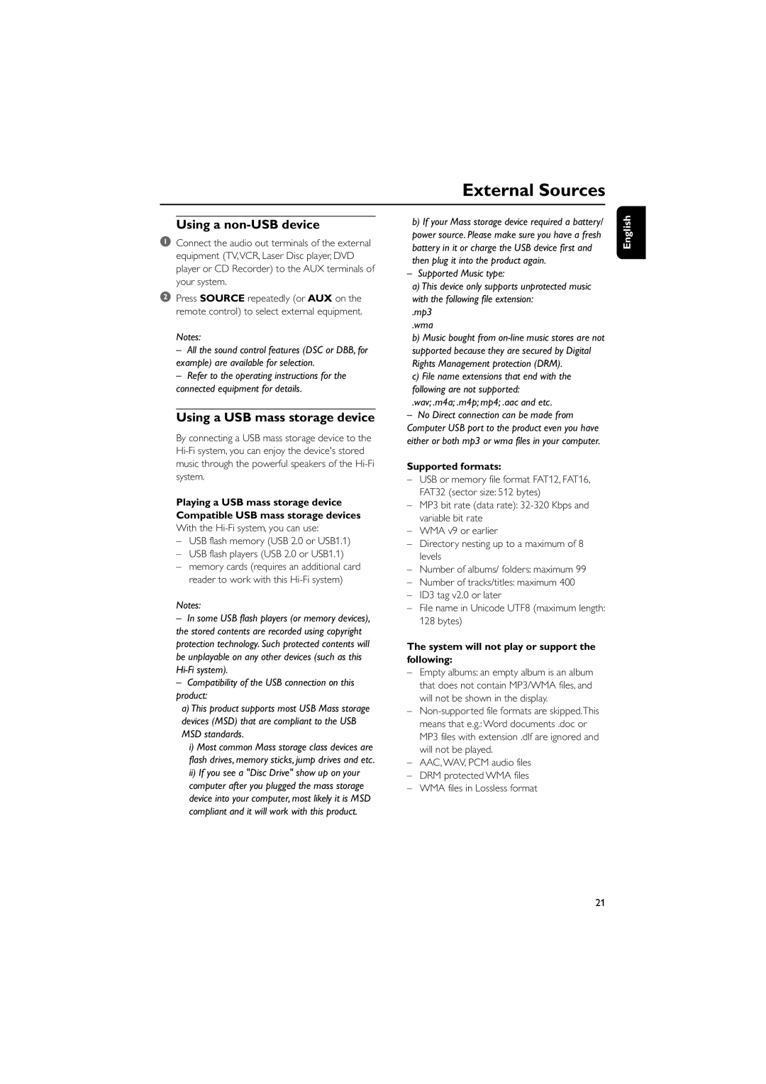 Philips DCM230 quick start External Sources, Using a non-USB device, Using a USB mass storage device, Supported formats 