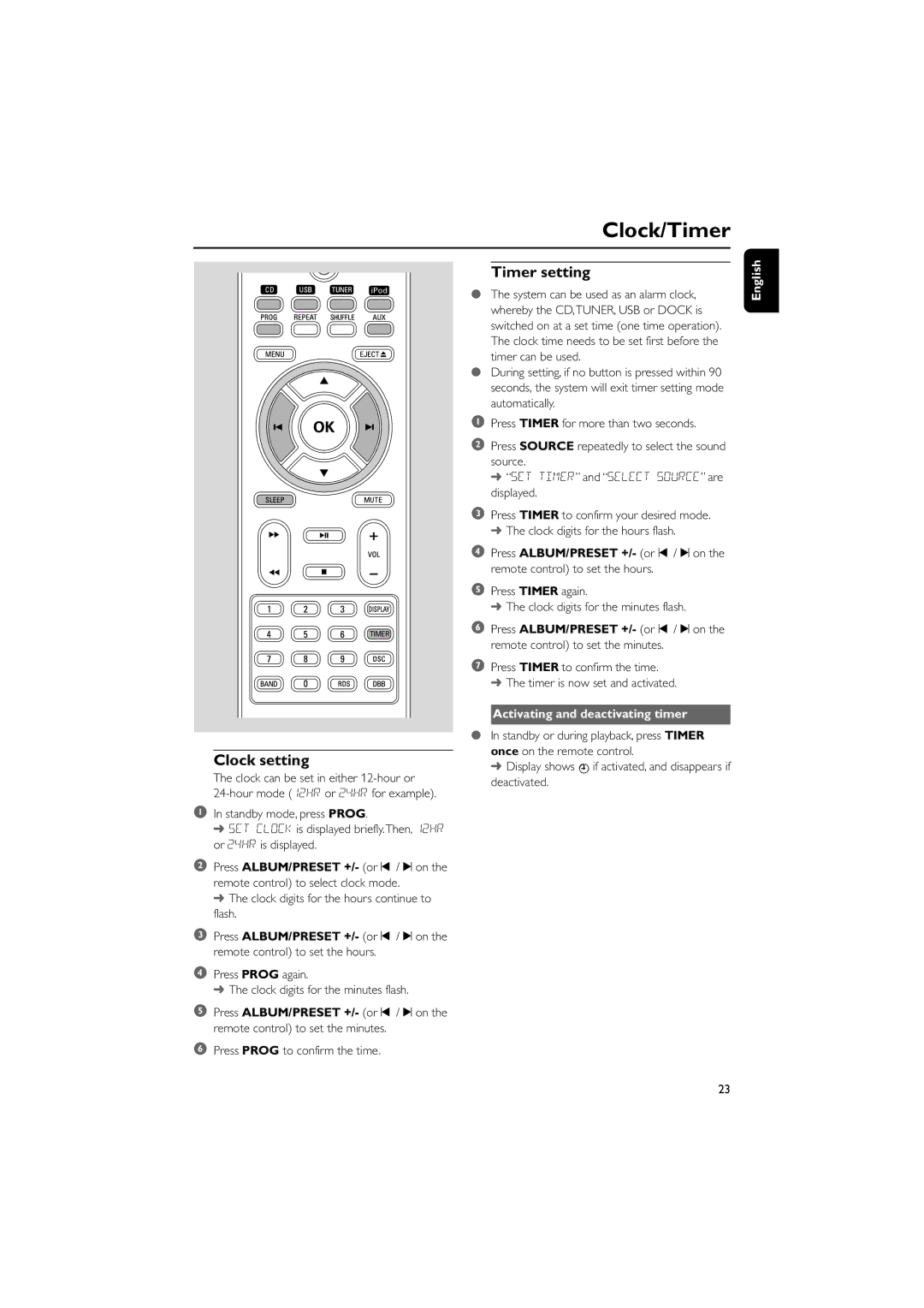 Philips DCM230 quick start Clock/Timer, Clock setting, Timer setting 