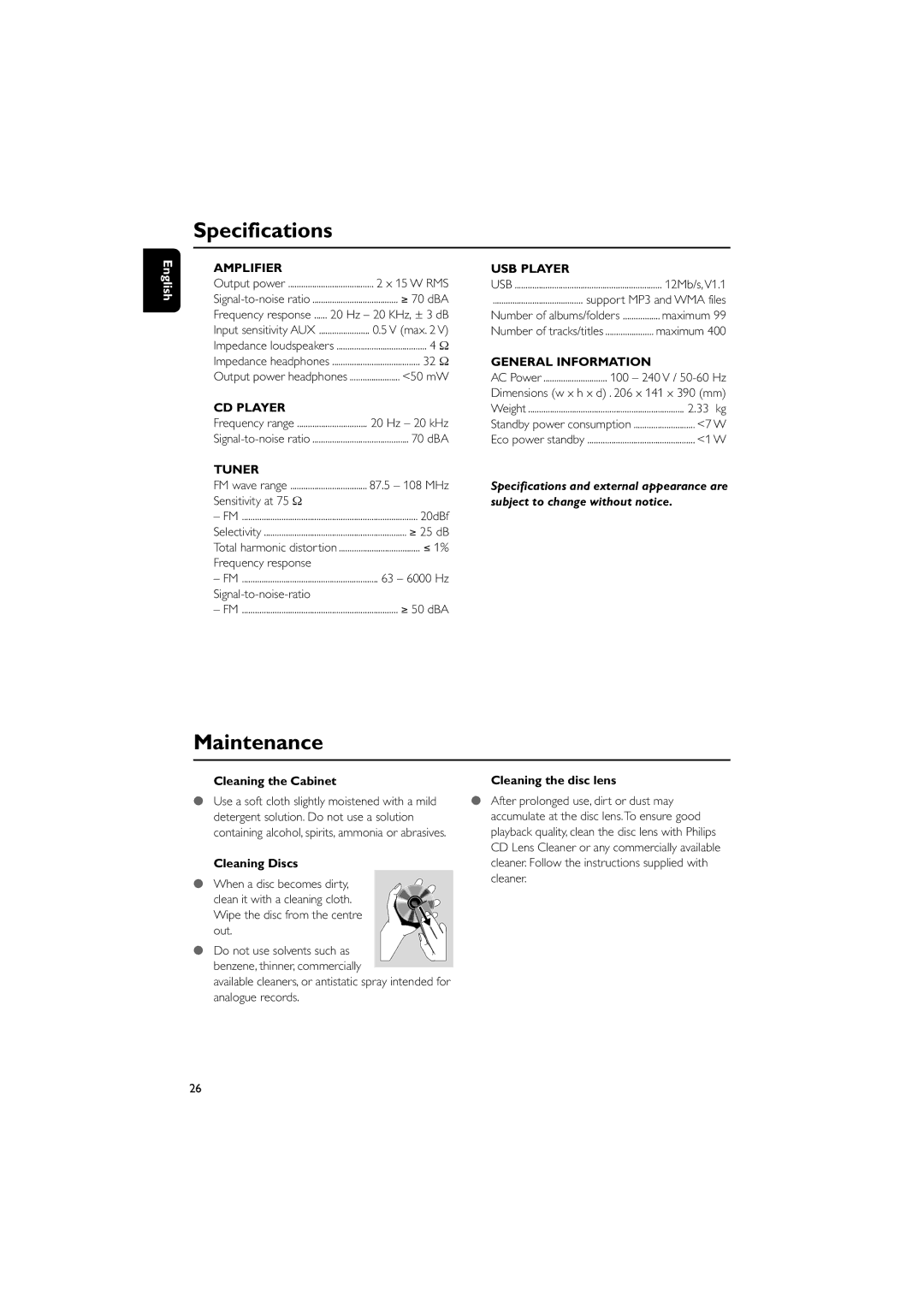 Philips DCM230 quick start Specifications, Maintenance, Cleaning the Cabinet Cleaning the disc lens, Cleaning Discs 