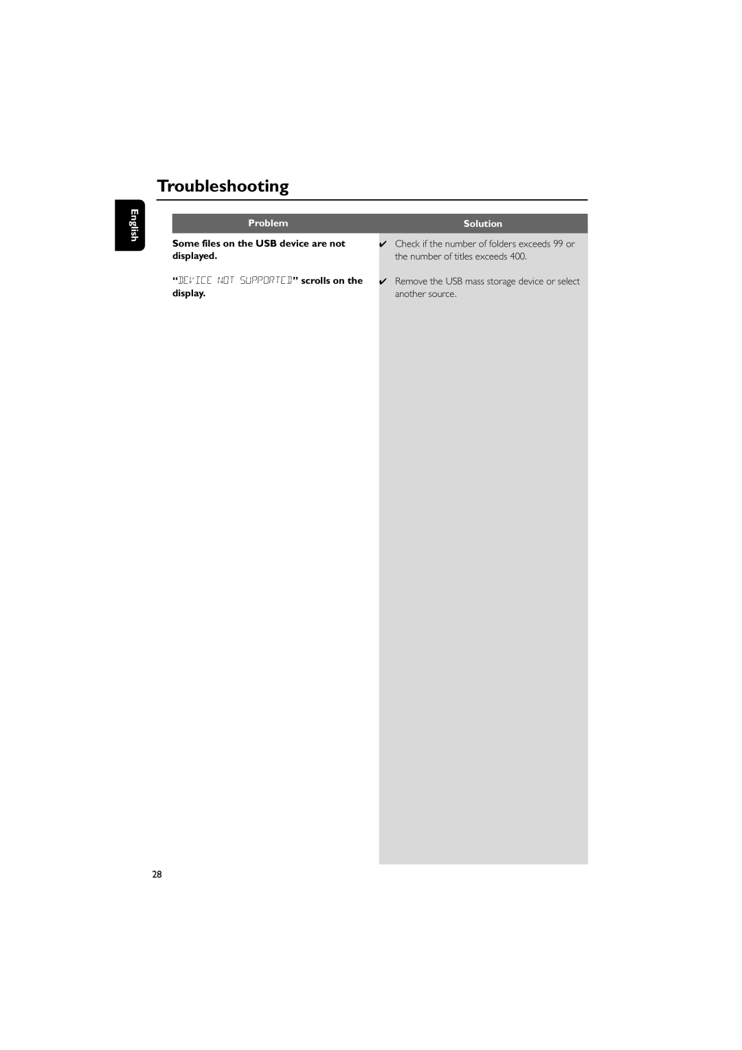 Philips DCM230 quick start Some files on the USB device are not displayed, Device not Supported scrolls on, Display 