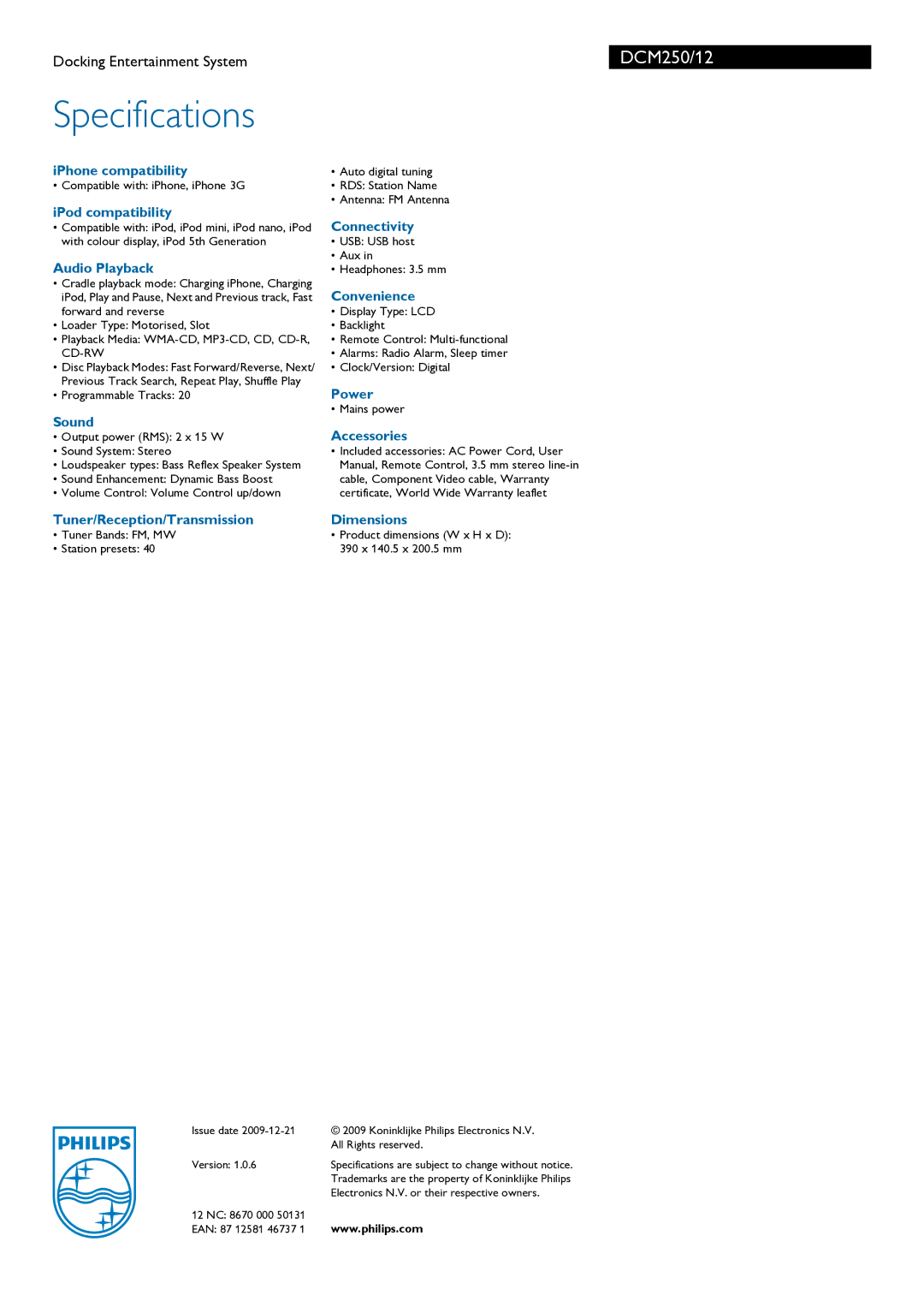 Philips DCM250/12 manual Specifications 