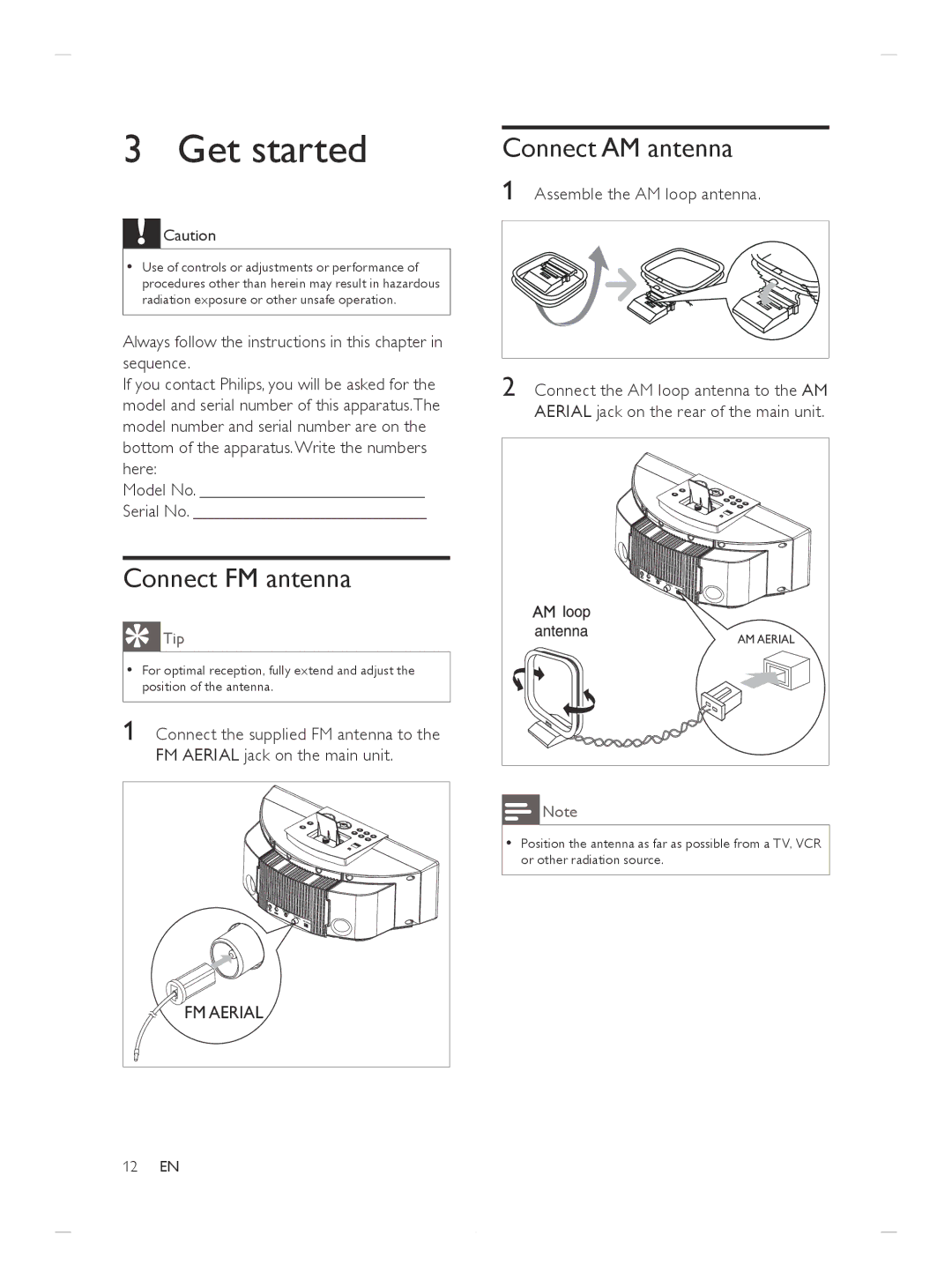 Philips DCM250/37 user manual Get started, Connect FM antenna, Connect AM antenna, Assemble the AM loop antenna 