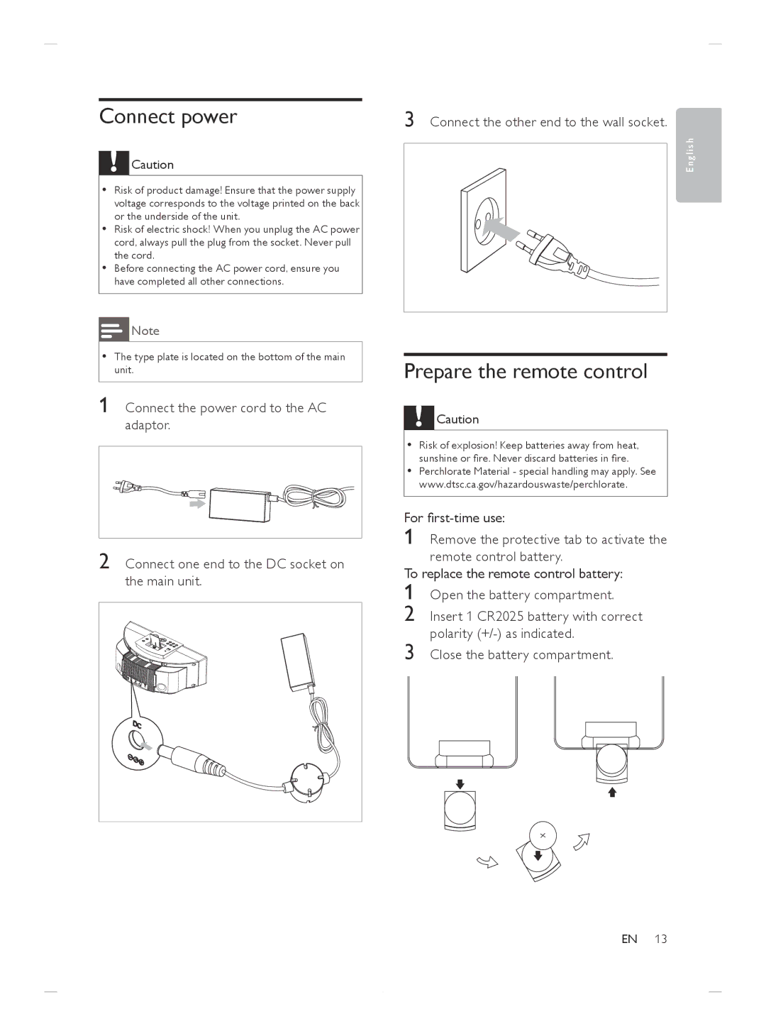 Philips DCM250/37 user manual Connect power, Prepare the remote control 