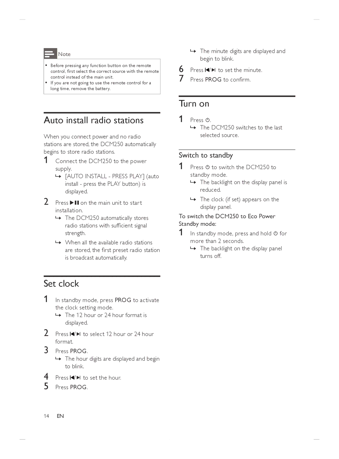 Philips DCM250/37 user manual Auto install radio stations, Set clock, Turn on, Switch to standby 