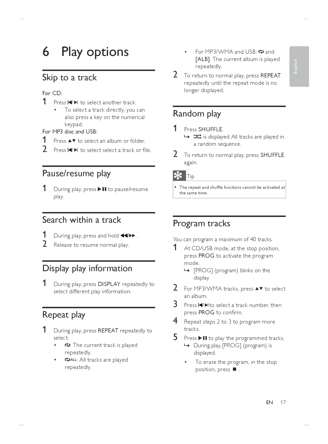 Philips DCM250/37 user manual Play options 