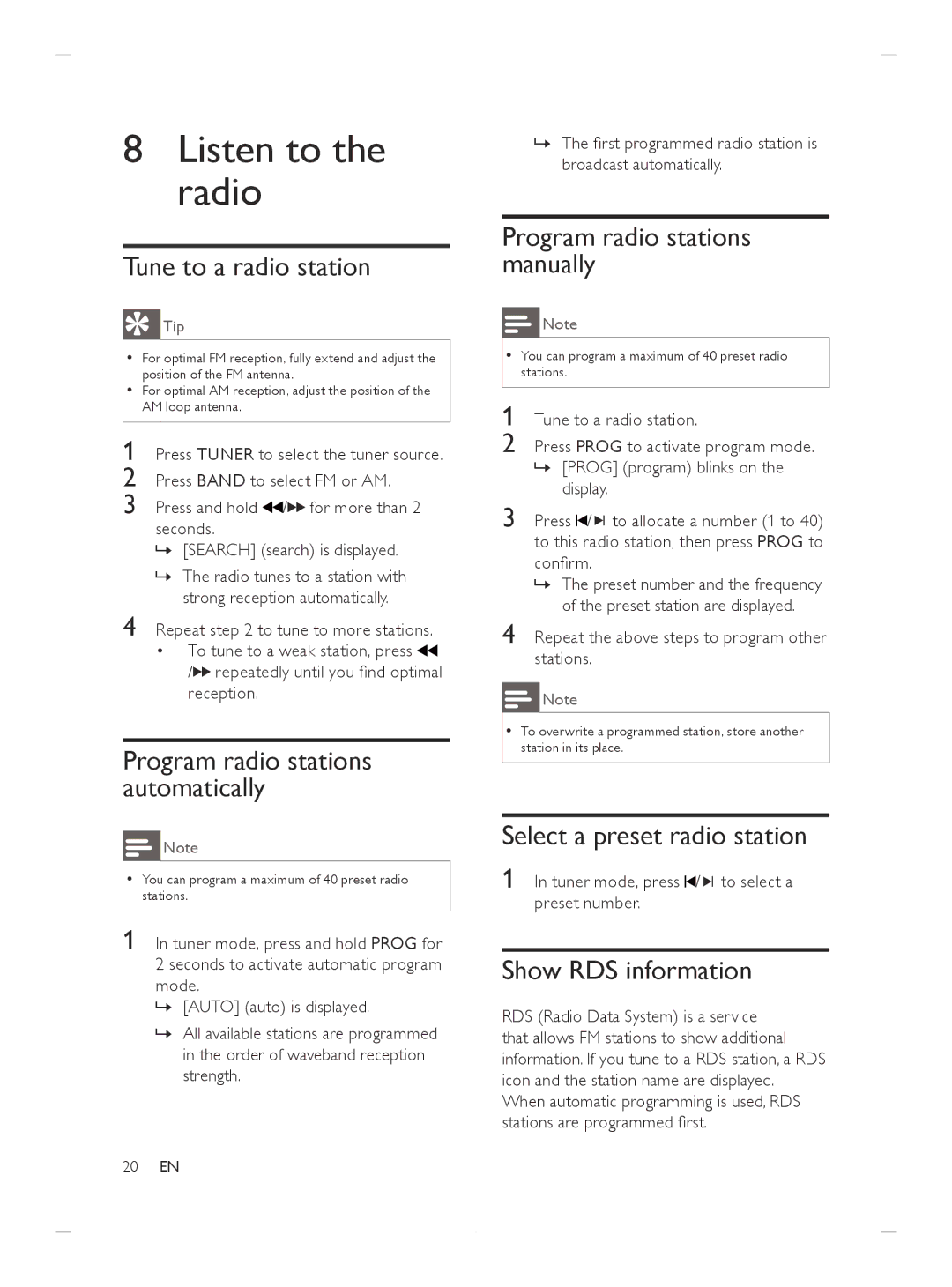 Philips DCM250/37 user manual Listen to the radio 