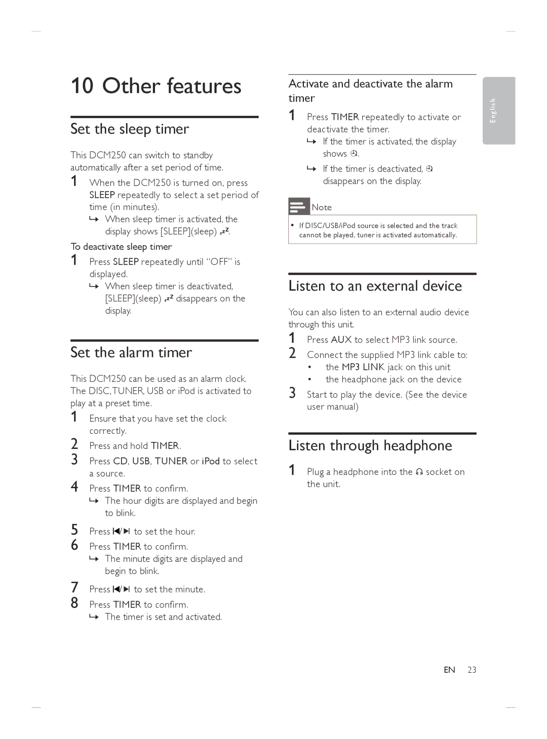 Philips DCM250/37 user manual Other features, Set the sleep timer, Set the alarm timer, Listen to an external device 