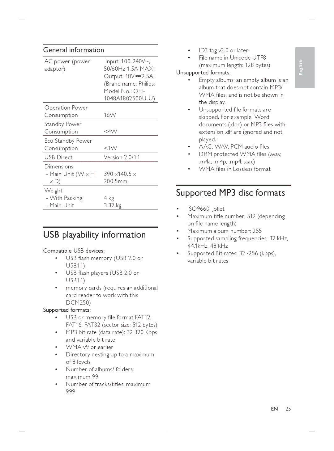 Philips DCM250/37 user manual USB playability information, General information, Model No. OH 