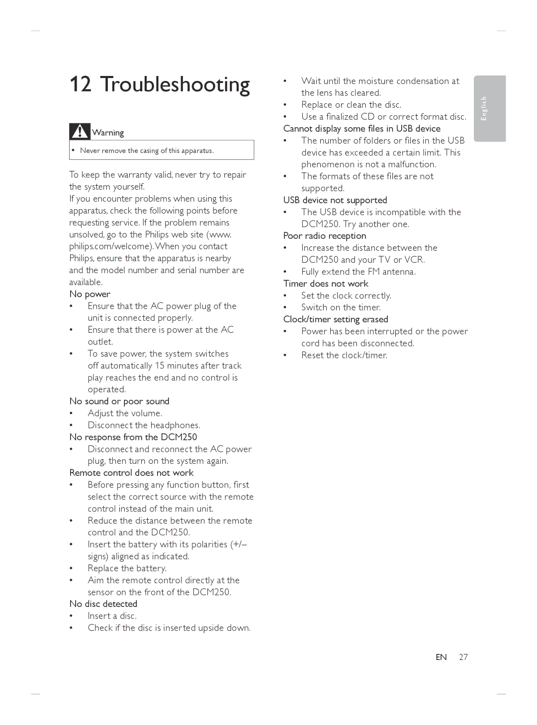 Philips DCM250/37 user manual Troubleshooting, Remote control does not work 