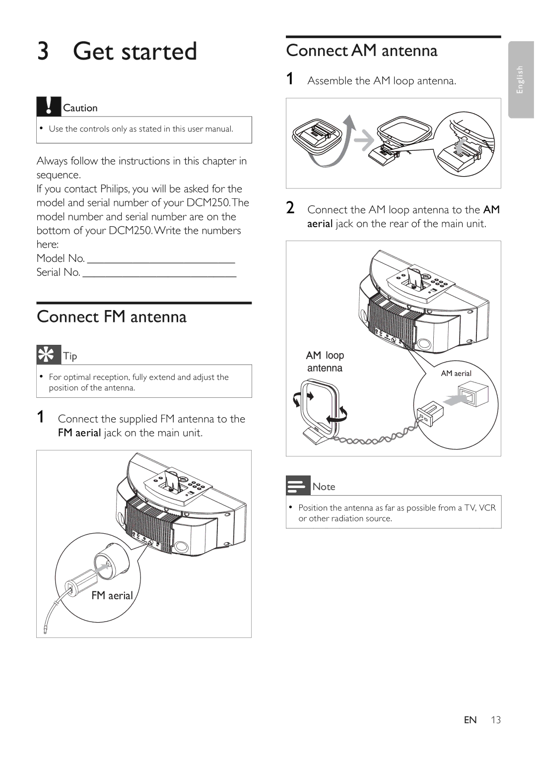 Philips DCM250/37 user manual Get started, Connect FM antenna, Connect AM antenna 