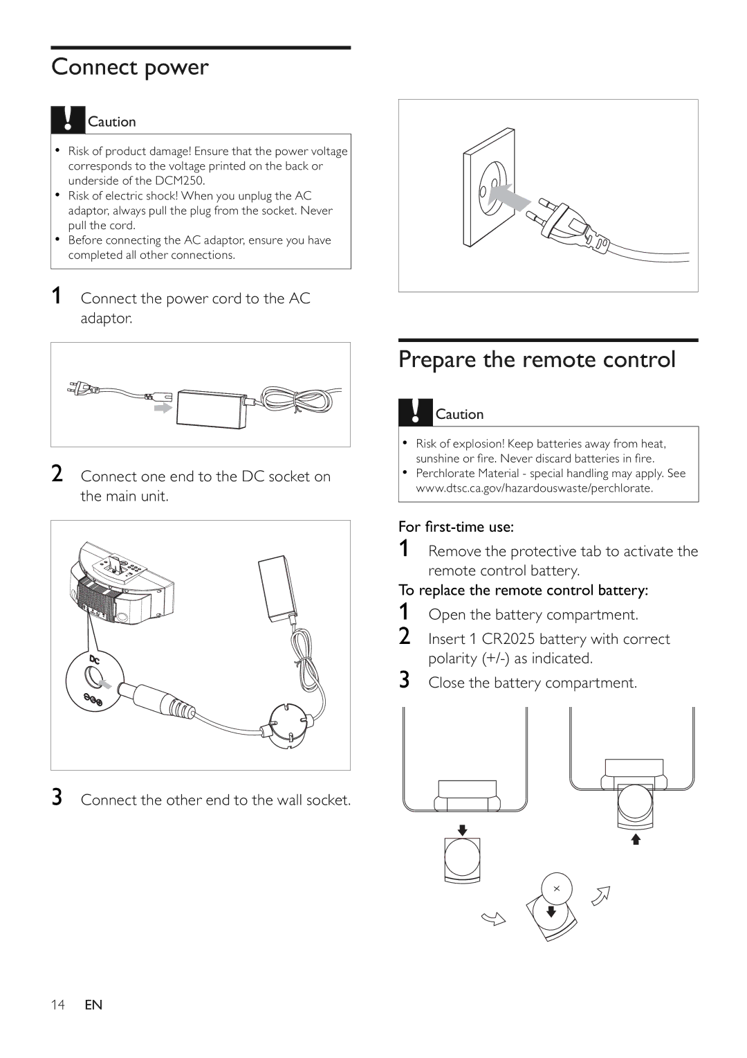 Philips DCM250/37 user manual Connect power, Prepare the remote control 