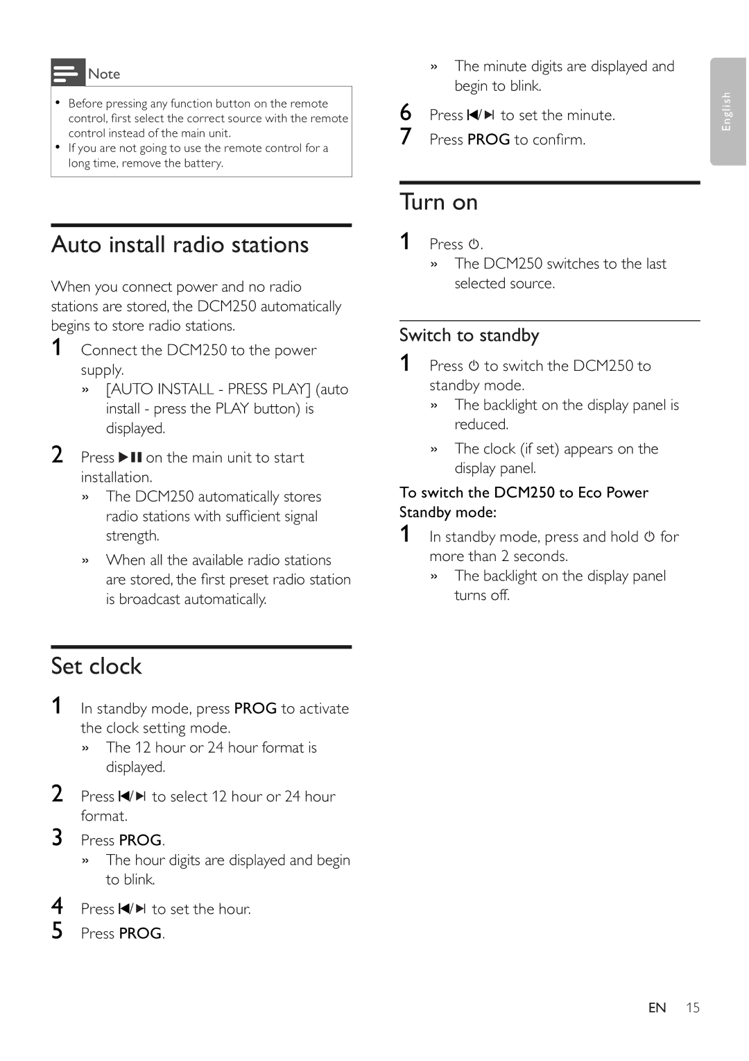 Philips DCM250/37 user manual Auto install radio stations, Set clock, Turn on, Switch to standby 