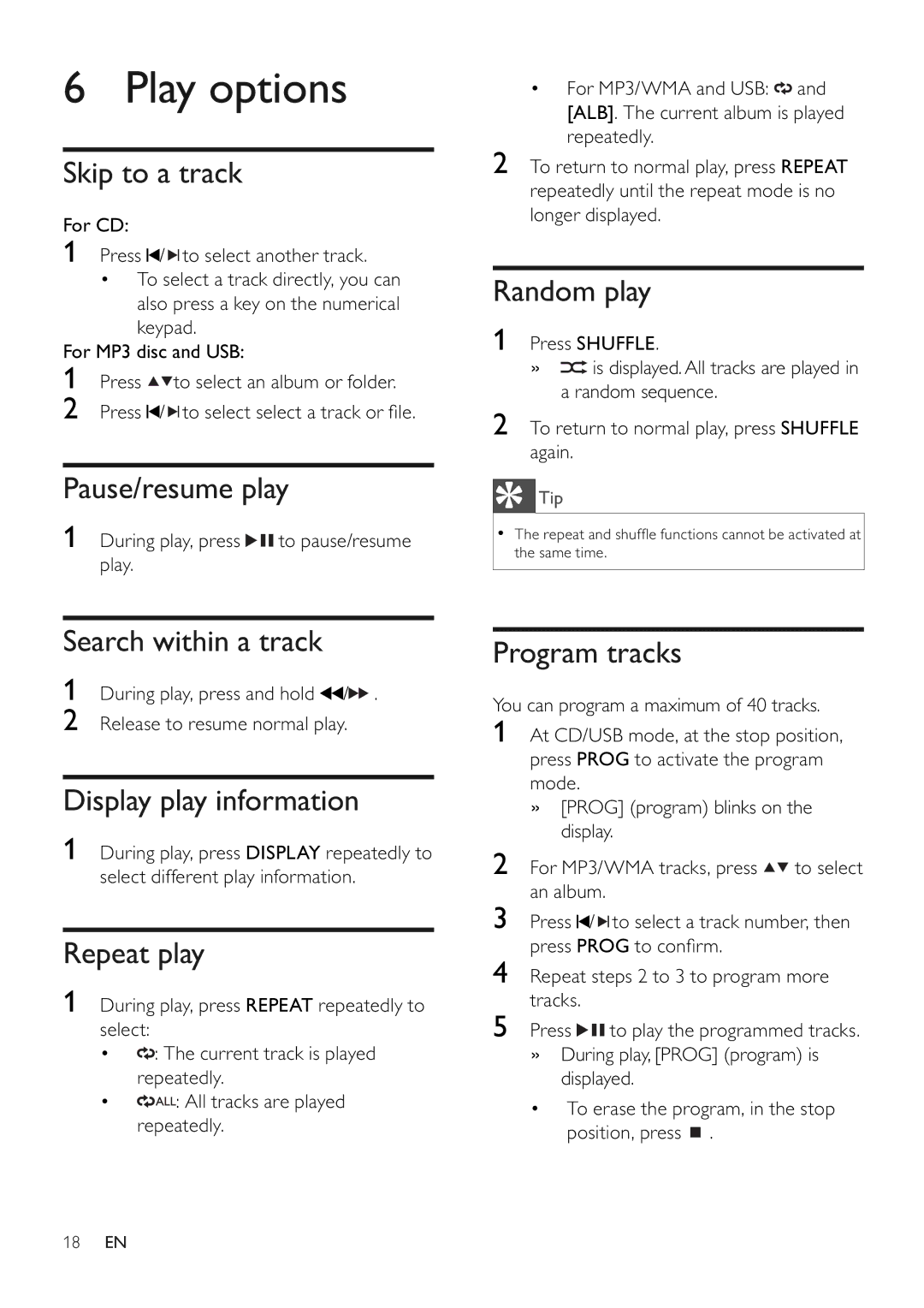 Philips DCM250/37 user manual Play options 