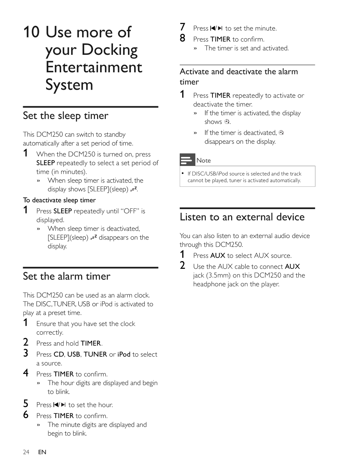 Philips DCM250/37 user manual Set the sleep timer, Set the alarm timer, Listen to an external device 