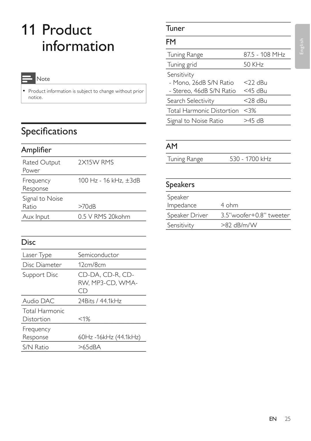 Philips DCM250/37 user manual Speciﬁ cations, Ampliﬁ er, Disc, Tuner, Speakers 