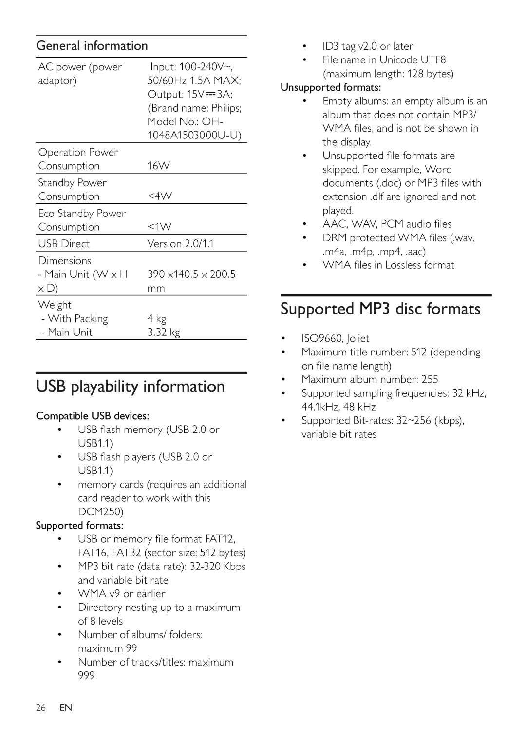 Philips DCM250/37 user manual USB playability information, Supported MP3 disc formats, General information 