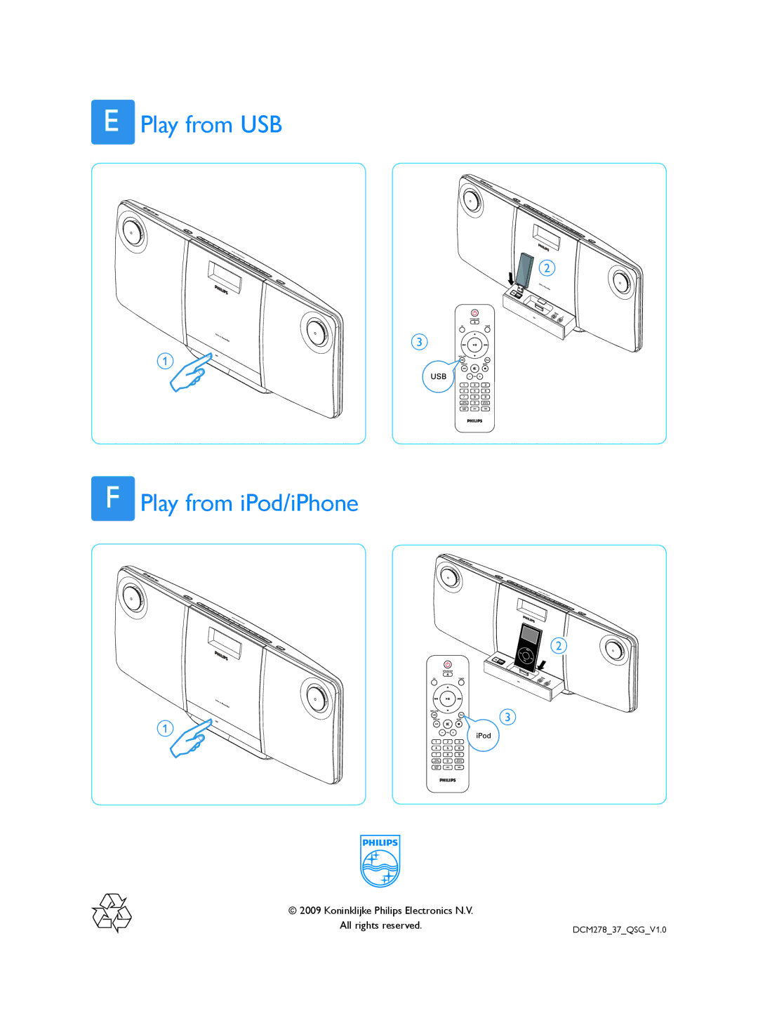 Philips DCM278/37 quick start Play from USB Play from iPod/iPhone 