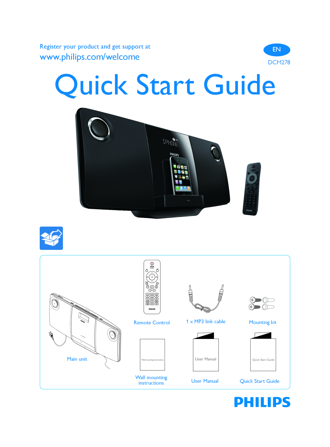 Philips DCM278/37 quick start Quick Start GuideDCM278, Register your product and get support at, Remote Control Main unit 
