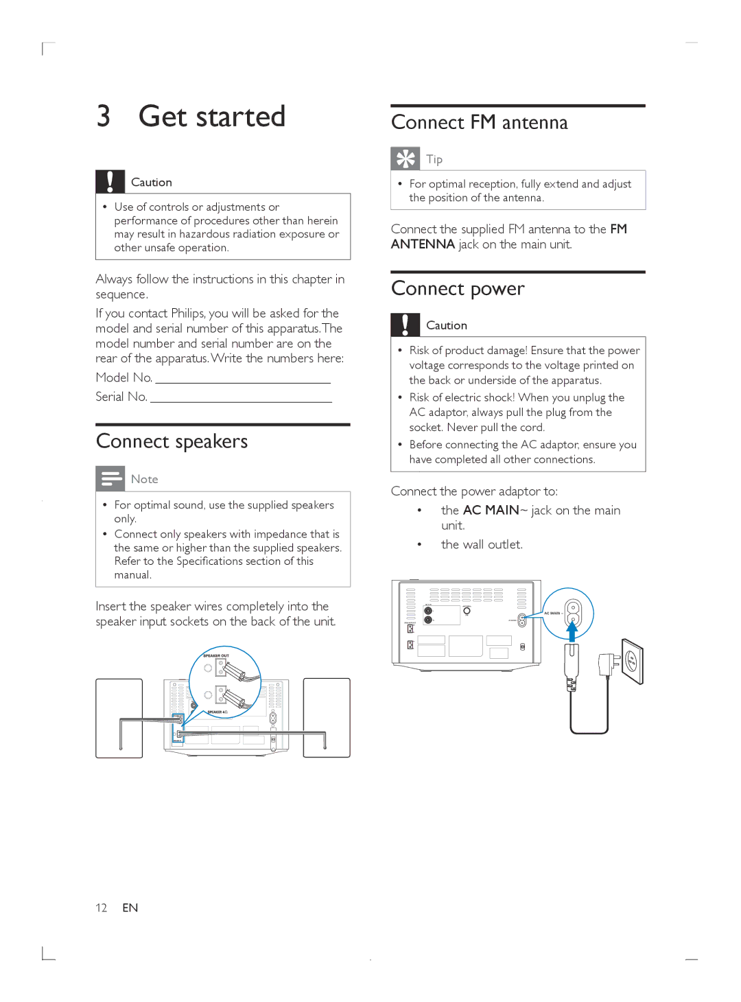 Philips DCM3020 user manual Get started, Connect speakers, Connect FM antenna, Connect power 