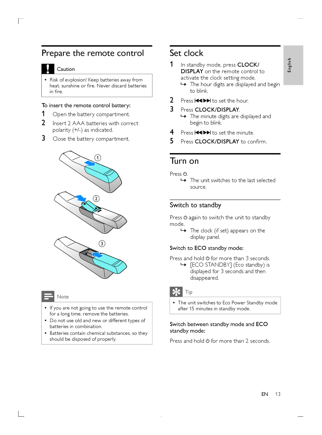 Philips DCM3020 user manual Prepare the remote control, Set clock, Turn on, Switch to standby 