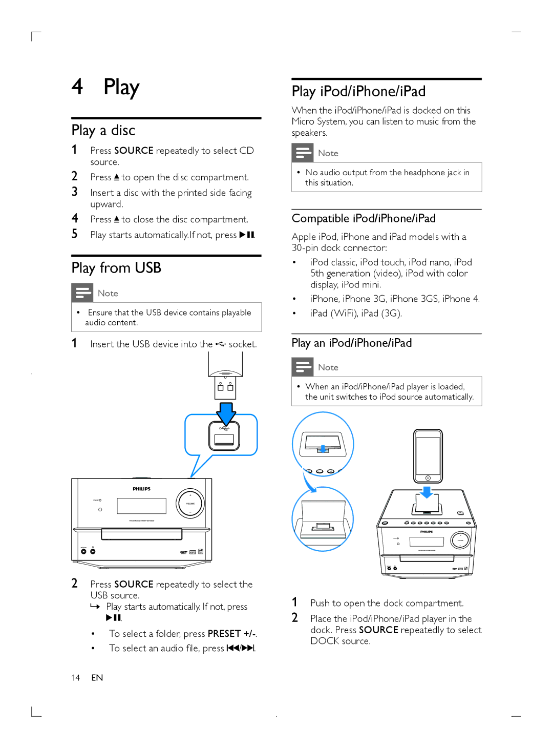 Philips DCM3020 user manual Play a disc, Play from USB, Play iPod/iPhone/iPad 