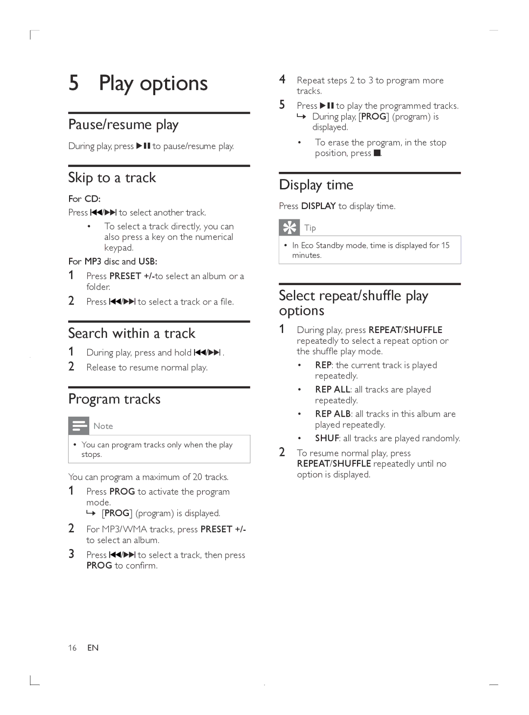 Philips DCM3020 user manual Play options 