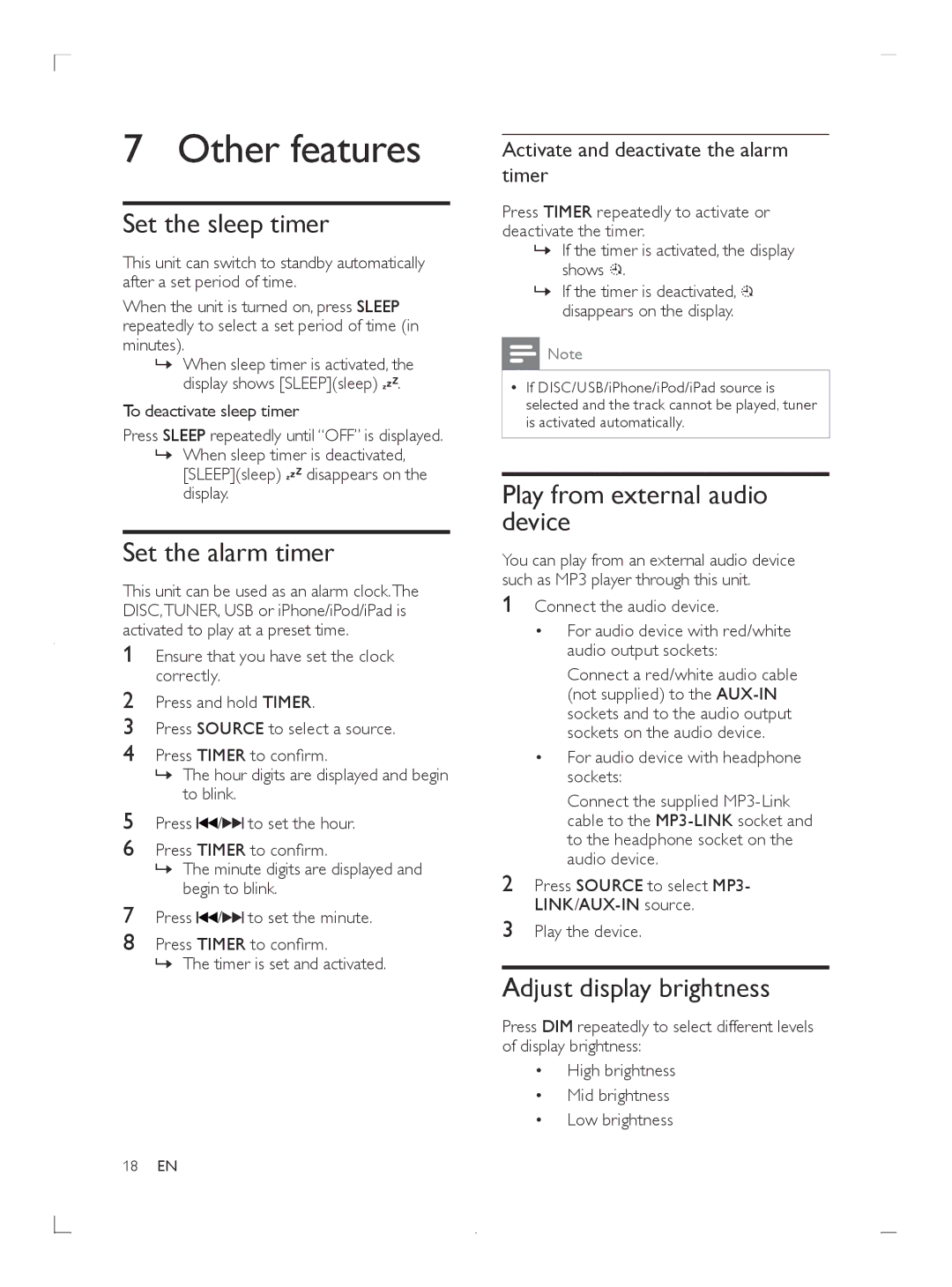 Philips DCM3020 user manual Other features, Set the sleep timer, Set the alarm timer, Play from external audio device 