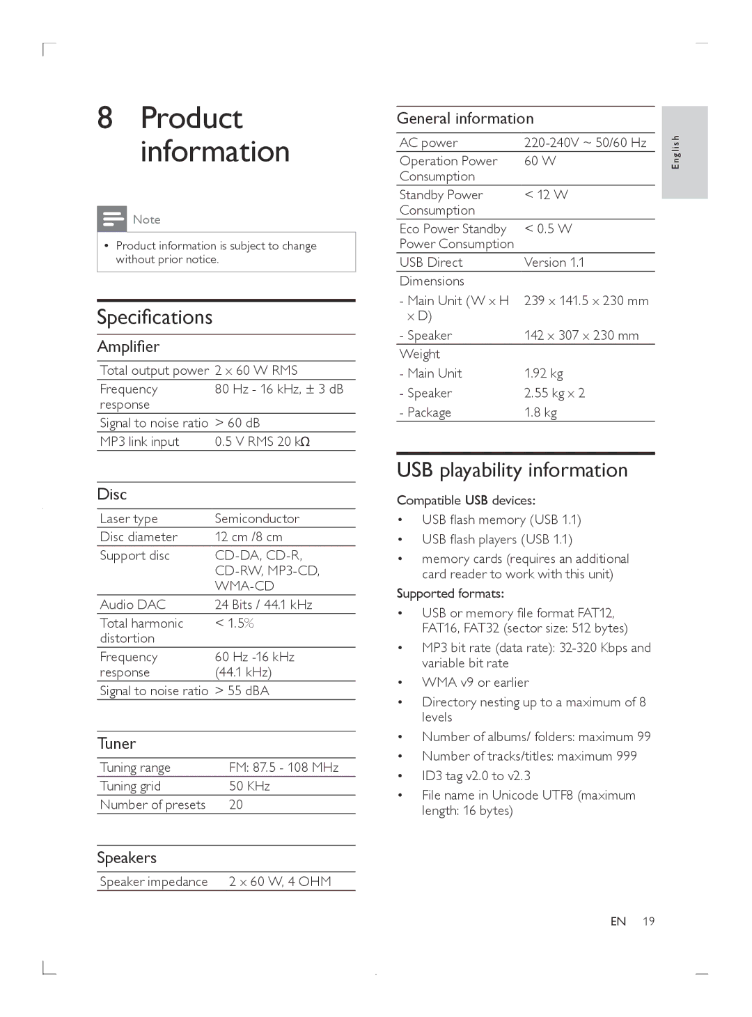 Philips DCM3020 user manual Product information, Specifications, USB playability information 